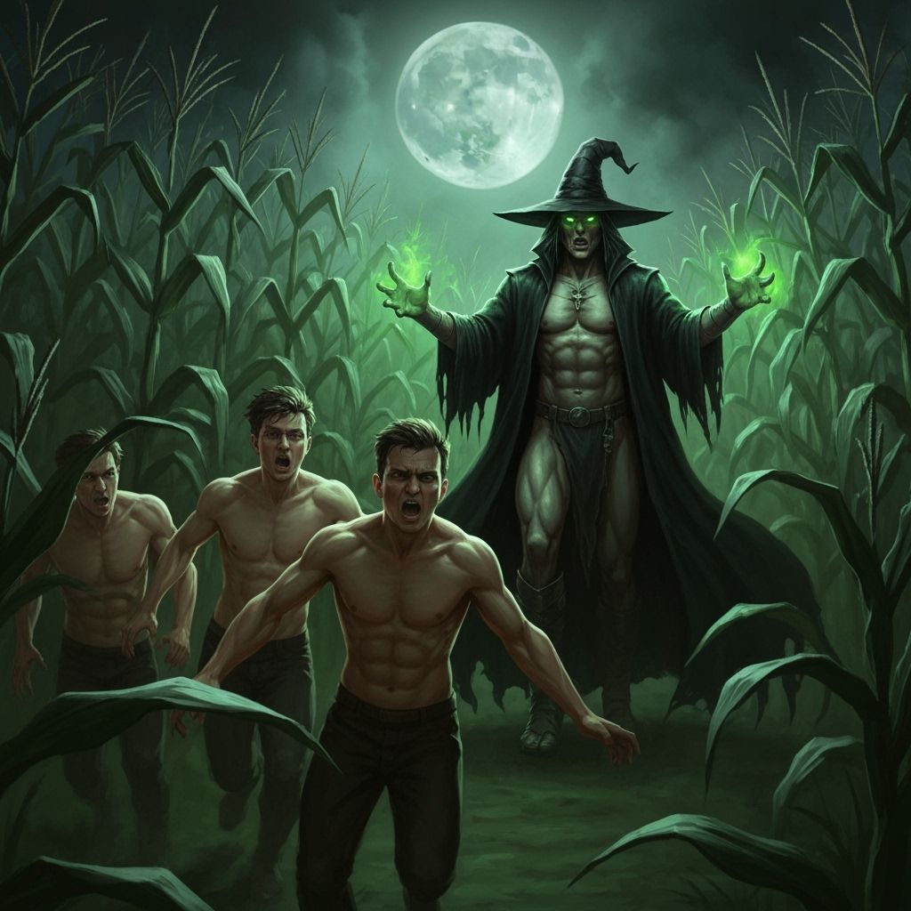 Muscular Men Flee Witch in Moonlit Corn Maze
