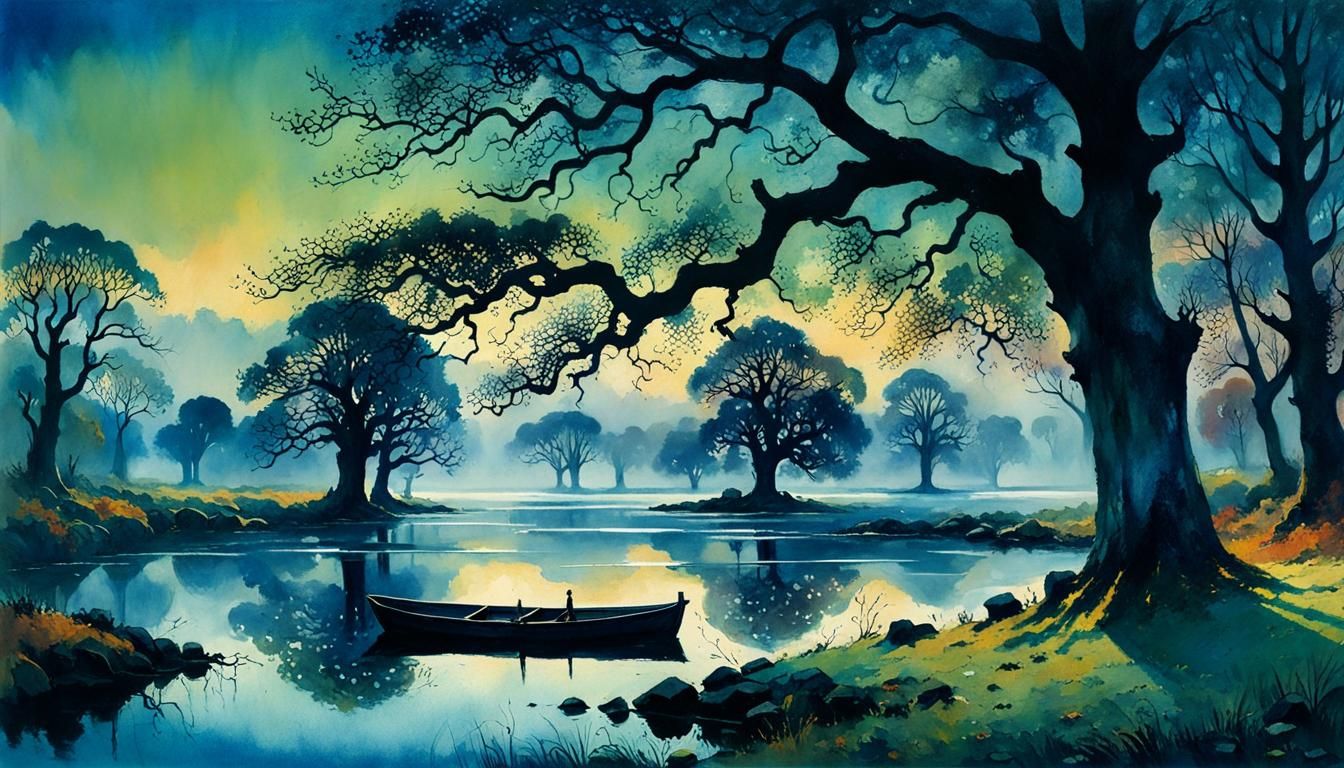 Lake Landscape with Old Oaks in Detailed Style