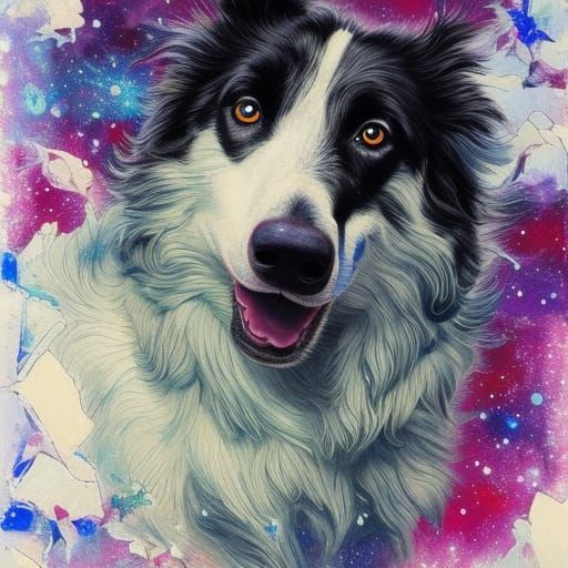 Border Collie in the Stars: Hyperdetailed Gouache Illustrati...