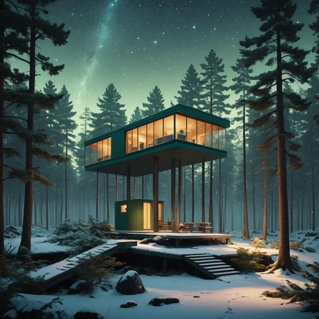 Minimalist Cabin in Starry Forest: Digital Matte Painting