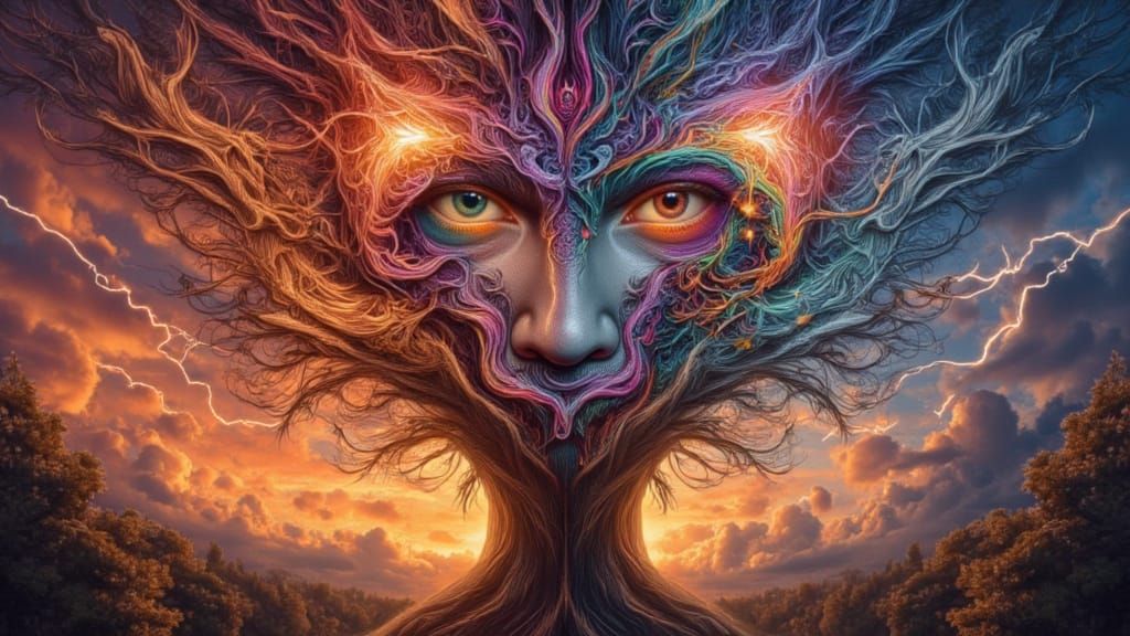 Fractal-Faced Shaman Summons Storm on Redwood Tree