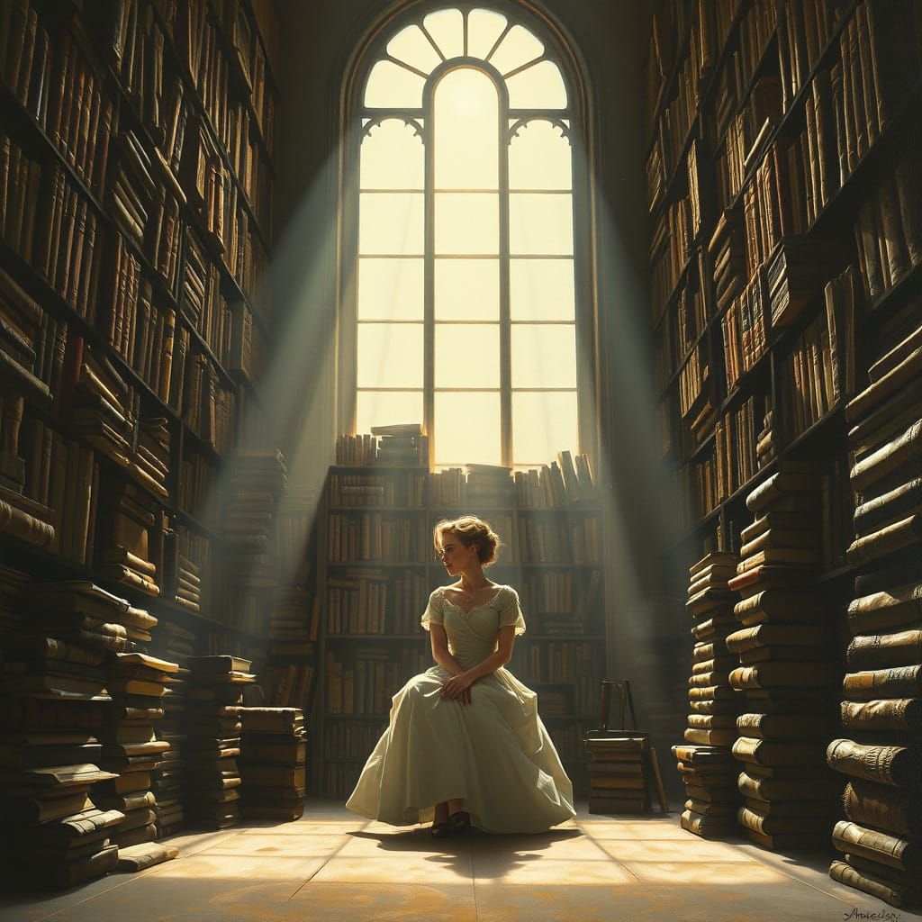 Solitary Woman Reading in Sunlit Vintage Library