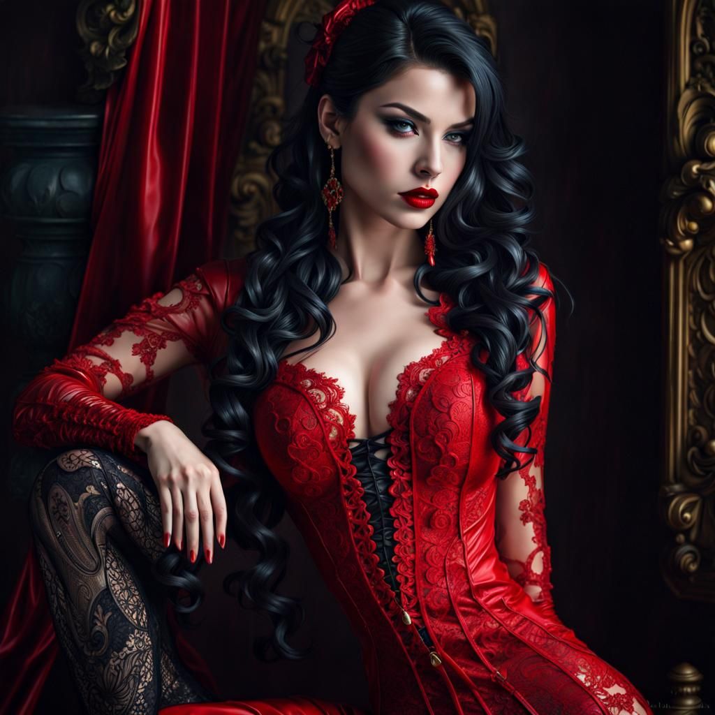 Beautiful French Woman in Red Latex Lingerie