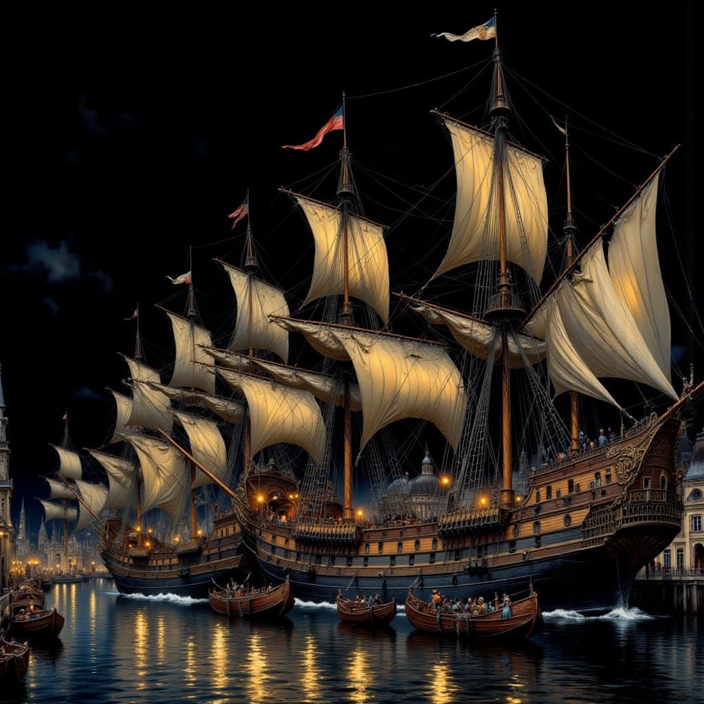 Ancient Port with Sailing Ships in Moebius Style