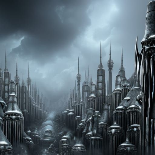 H.R. Giger style, death metal album cover, undead zombies, dystopia underworld city, 4k, concept art, extreme details, d...