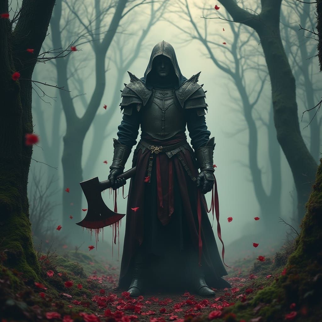 Gothic Baroque Huntsman in Foggy Forest Clearing