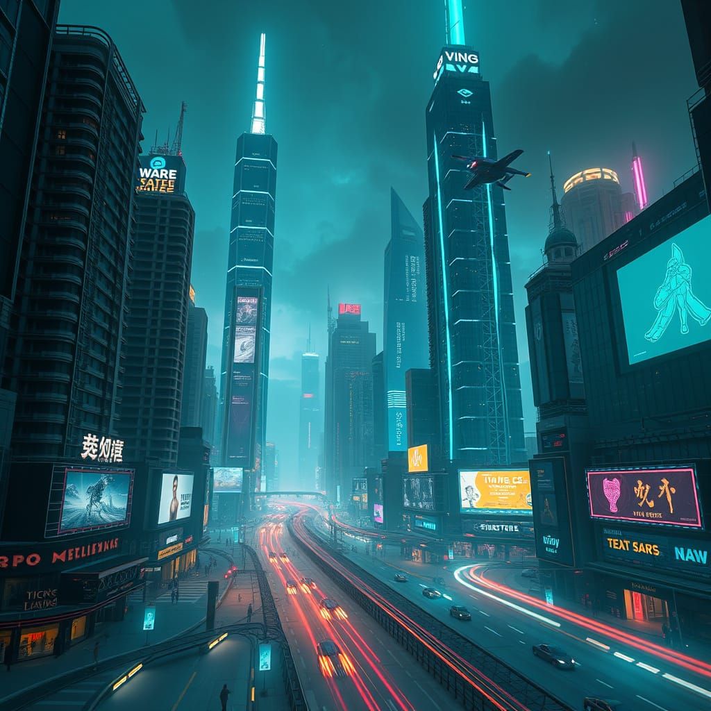 Futuristic Cityscape in Turquoise Neon Light