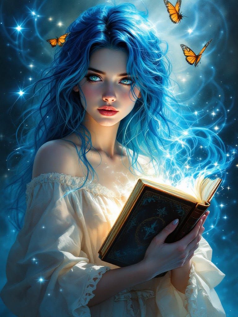 Woman with Blue Hair Holding Magical Book in Soft Light