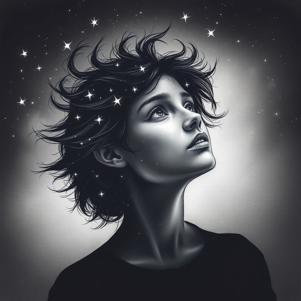 Surreal Charcoal Portrait of a Cosmic Dreamer