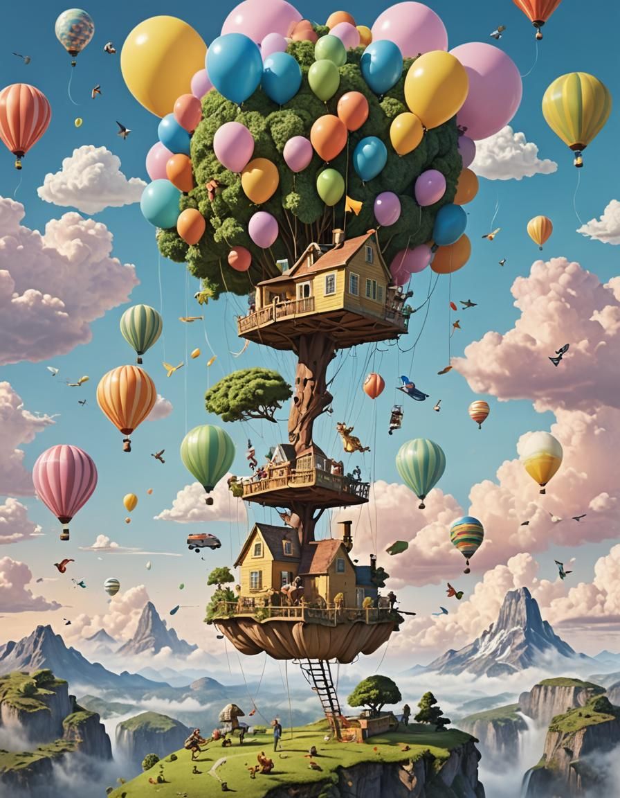 Floating Island with Balloon Lift in Pastel Sky