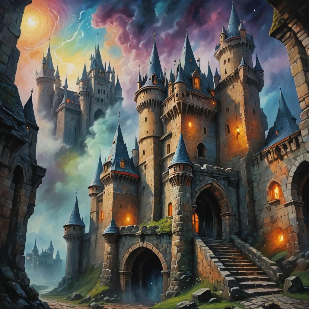 Mystical Castle with Glowing Portals as Oil Painting