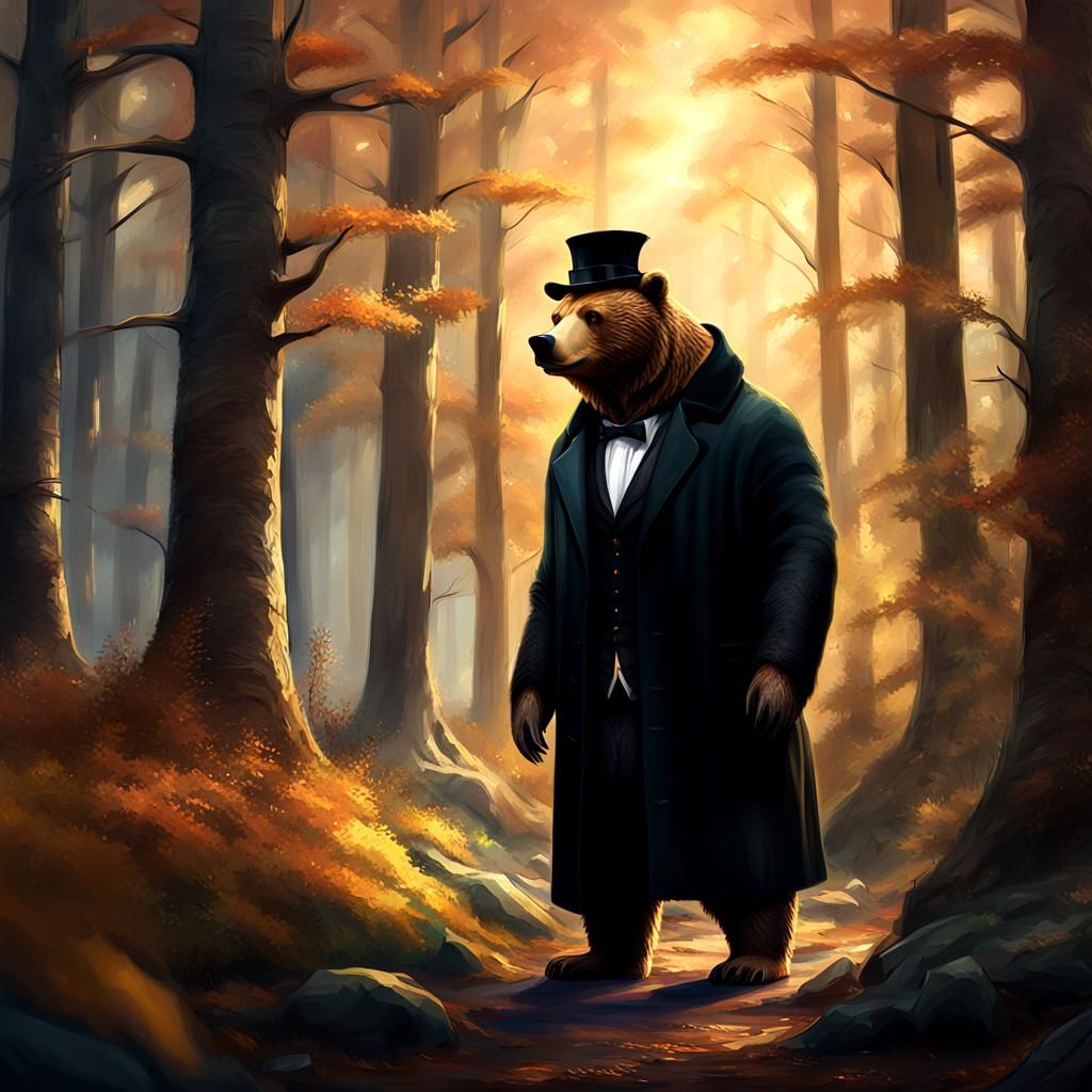 Brown Bear in Jewish Clothing in Fantasy Forest
