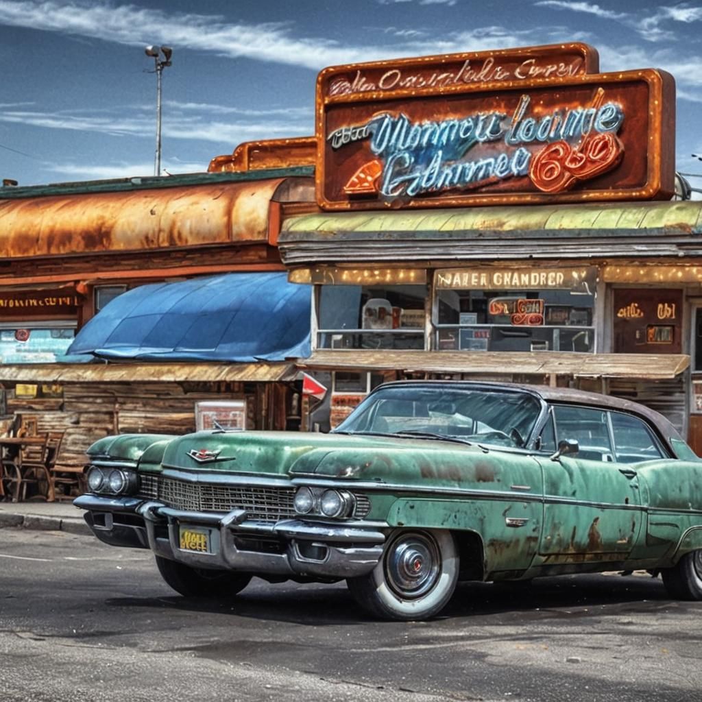 Rusty Green Cadillac on Route 66: Matte Painting