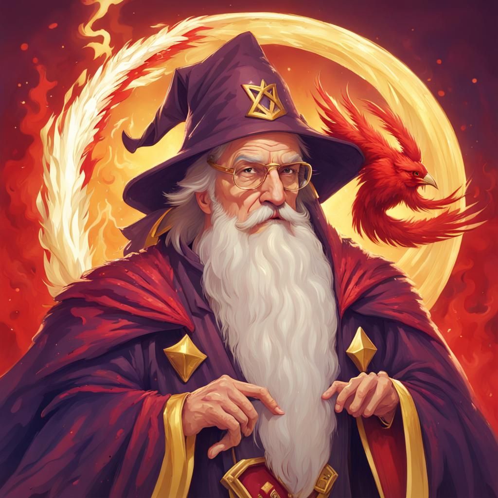 Red and Gold Phoenix with Old Wizard