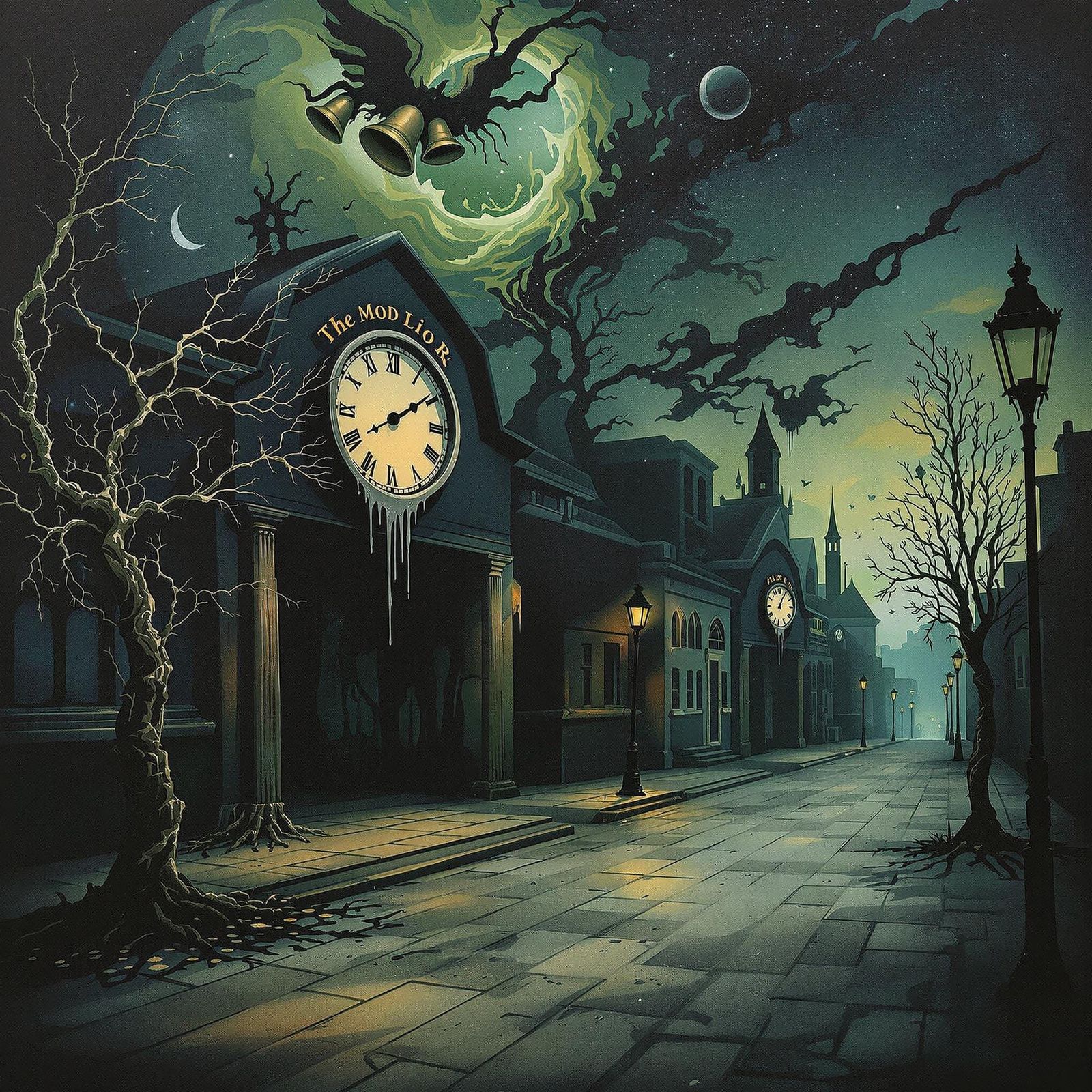 Surreal Deserted Streetscape with Melting Clocks