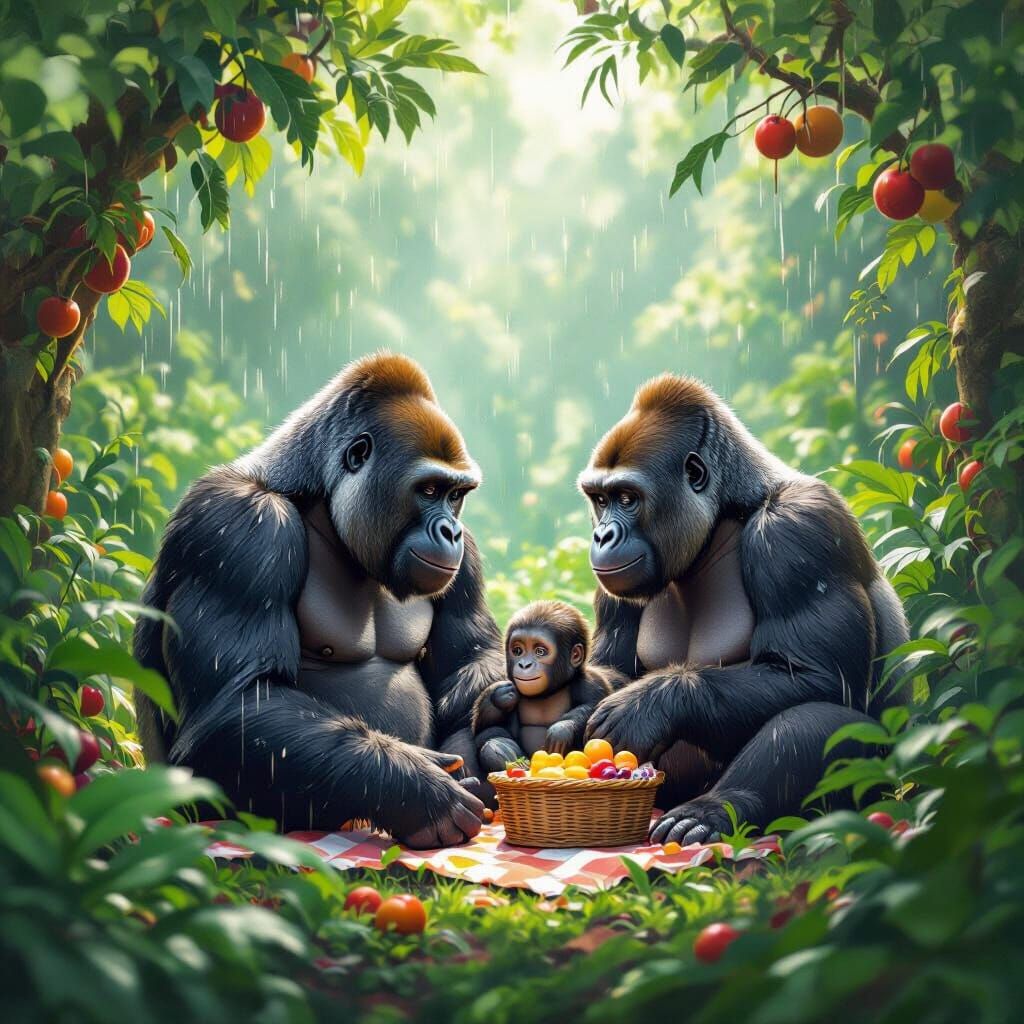 Gorilla Family Picnic in Rainforest Treetops