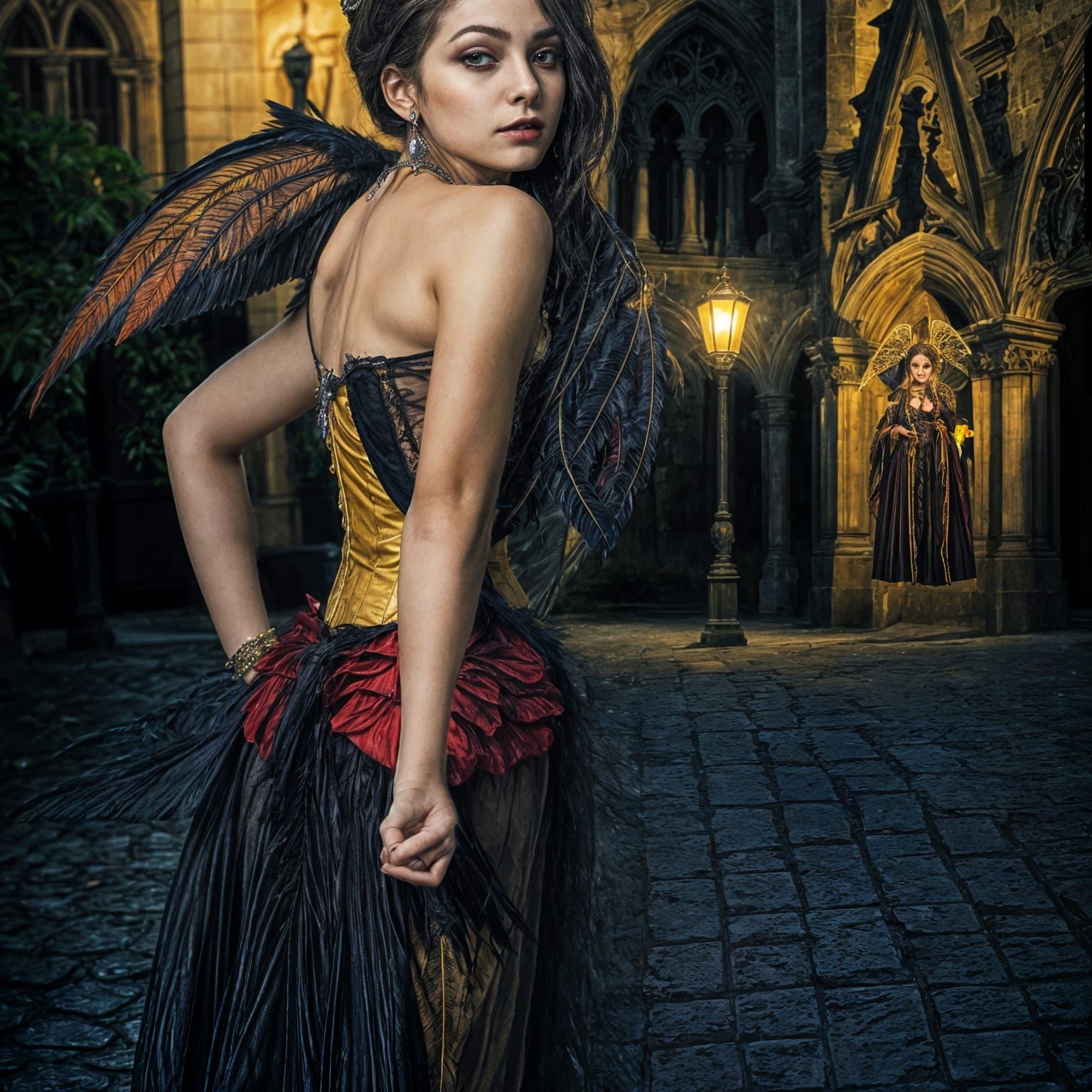 Portrait of a fairy female vampire in a gothic courtyard at ...