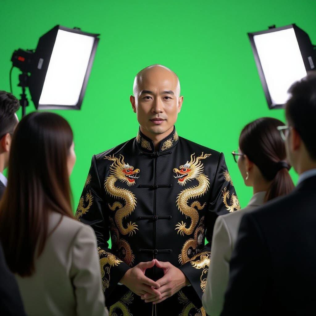 Chinese Man in Dragon Tang Suit Interviewed by Reporters
