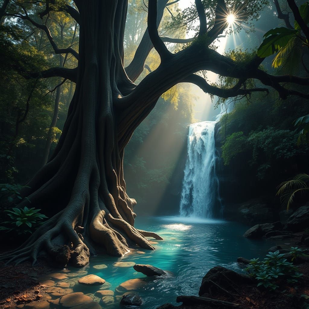 Hidden Forest Clearing with Crystal Waterfall and Ancient Tr...