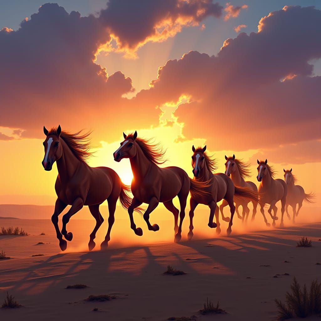 Wild Horses Gallop at Sunset: Atmospheric Concept Art