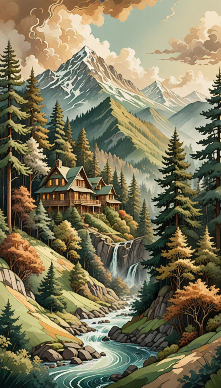 Thomas Kinkade style watercolor effects of a beautiful modern forest cinematic mountain landscape overlooking Adobe home...