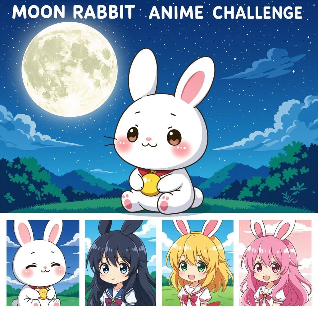 Kawaii Moon Rabbit Anime Collage Art