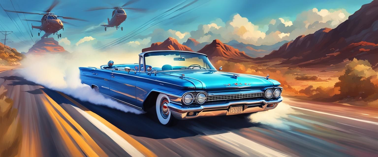 1960s Blue Convertible Speeds Down Highway at Night