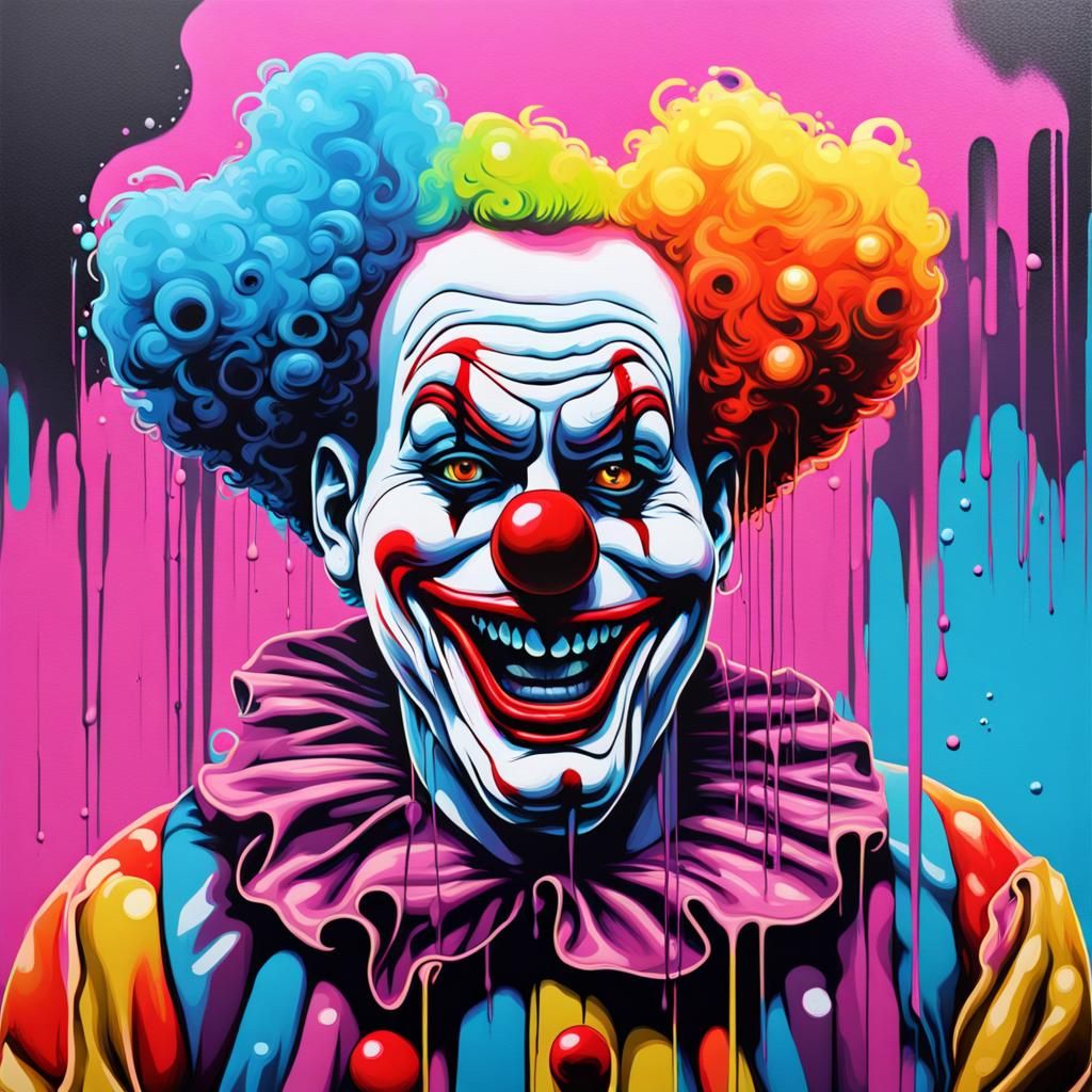 sad clown graffiti art, splash art, street art, spray paint, oil gouache melting, acrylic, high contrast, colorful polyc...