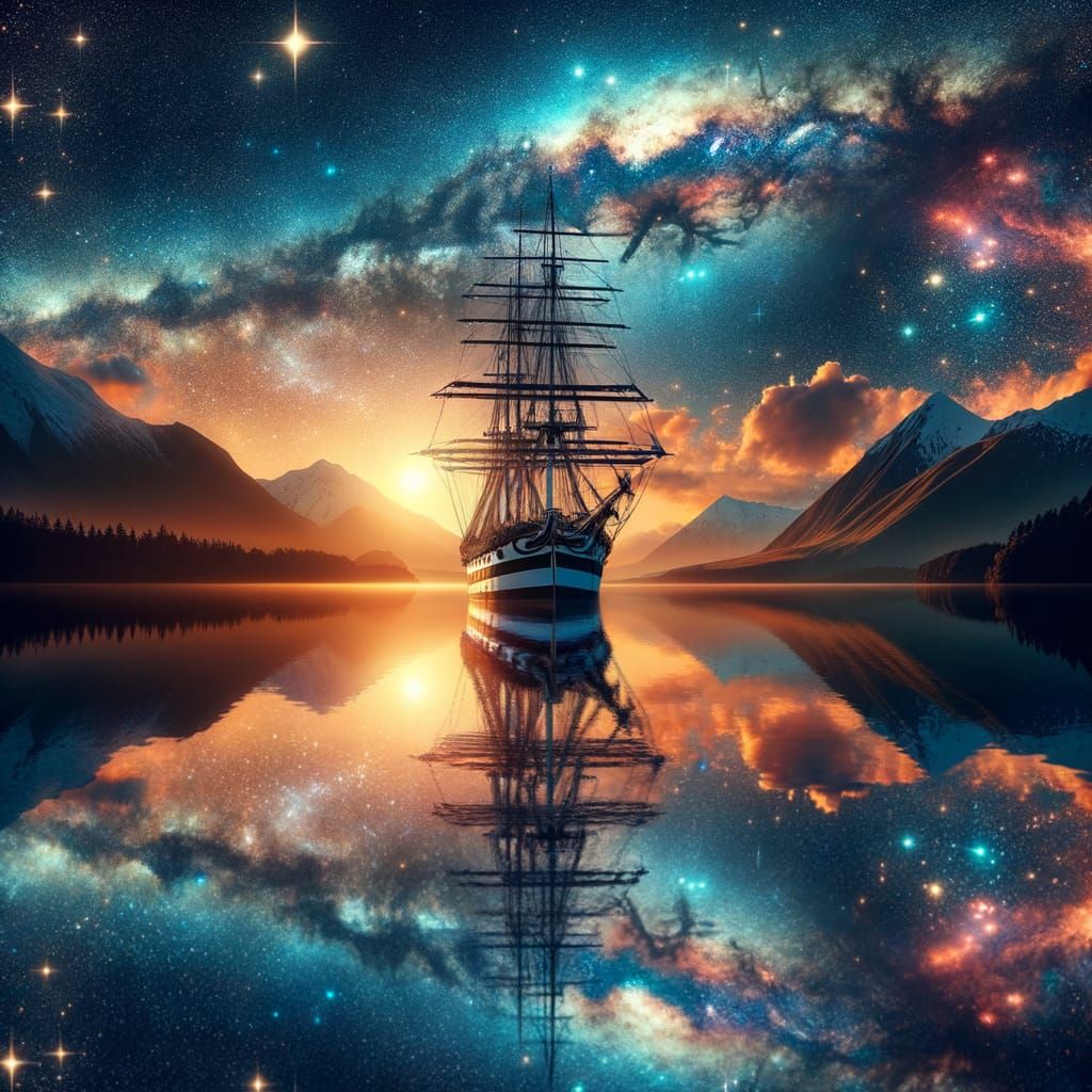 18th-Century Ship Under Galaxy Sky