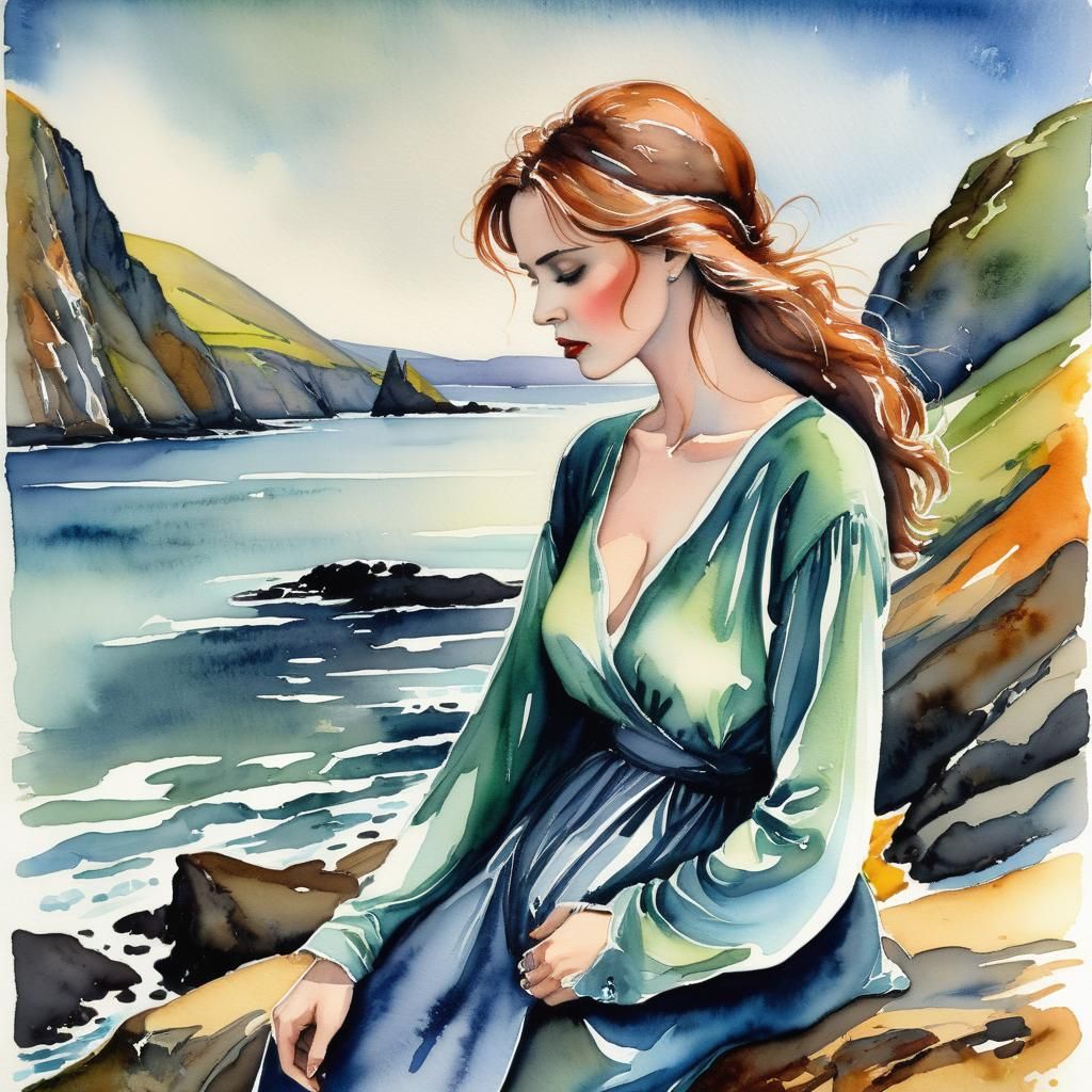 Melancholy Woman on Ireland Coast: 1990s Illustration