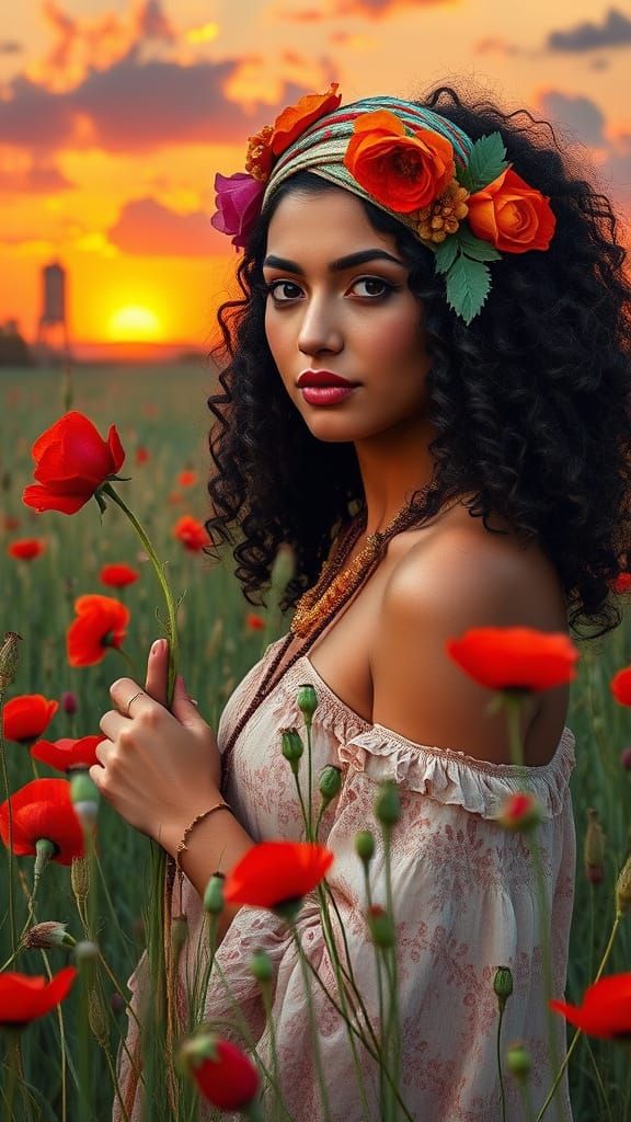 Romantic Gypsy Woman in Flowery Field with Red Rose and Clou...