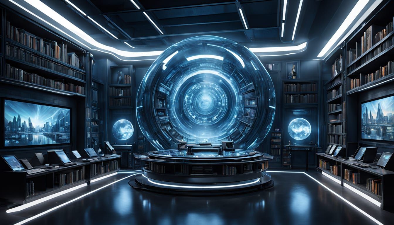 Cyberpunk Holographic Cityscape in Dark, Moonlit Laboratory