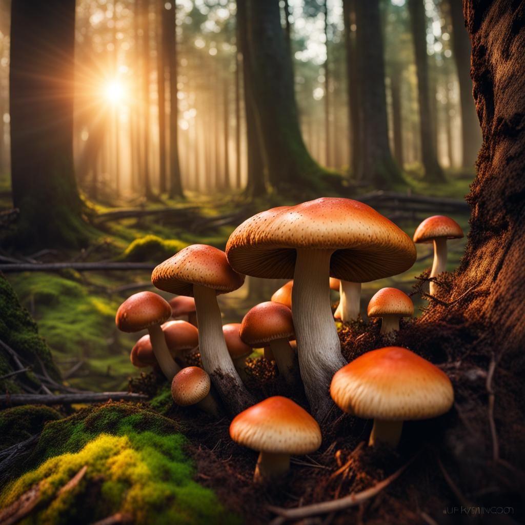 Colorful Mushrooms in Ancient Forest at Sunrise
