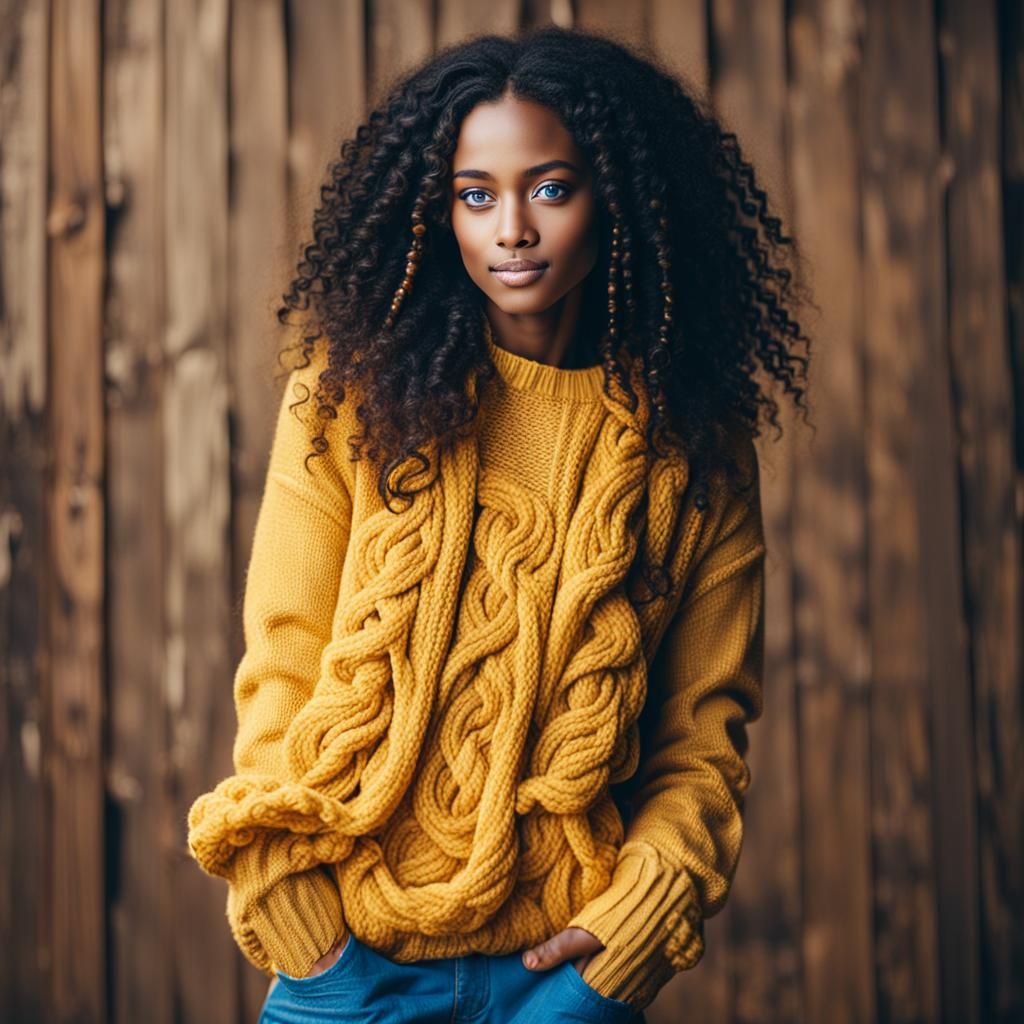 Slender Woman with Braids, Yellow Sweater and Blue Jeans