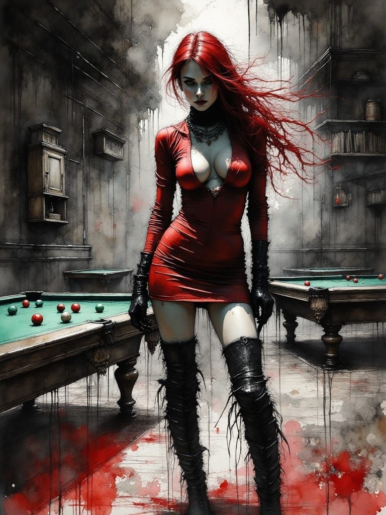 Post-Apocalyptic Woman in Pool Hall, Ink Wash Style