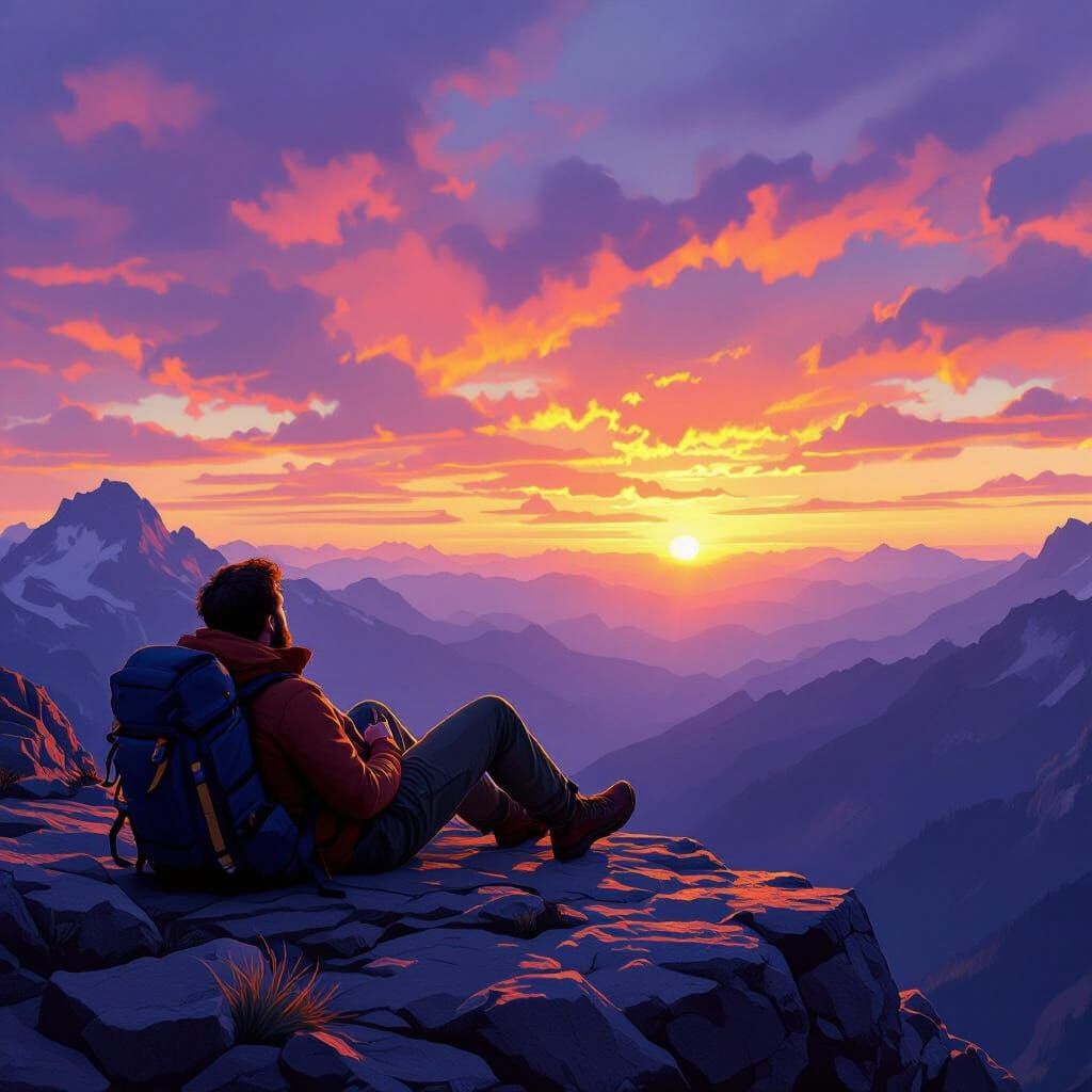Man Watches Vibrant Sunset Over Mountain Landscape