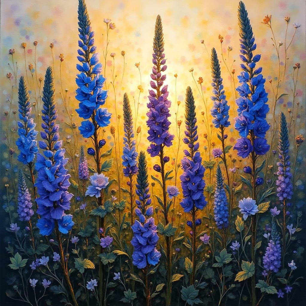 Vibrant impasto oil painting. Medium shot. Whorls of blue and violet flowers rise above foliage on branched spikes. Low-...