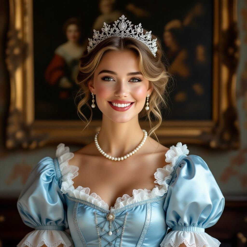 Elegant European Woman in Soft Blue Corset Gown with Pearl C...