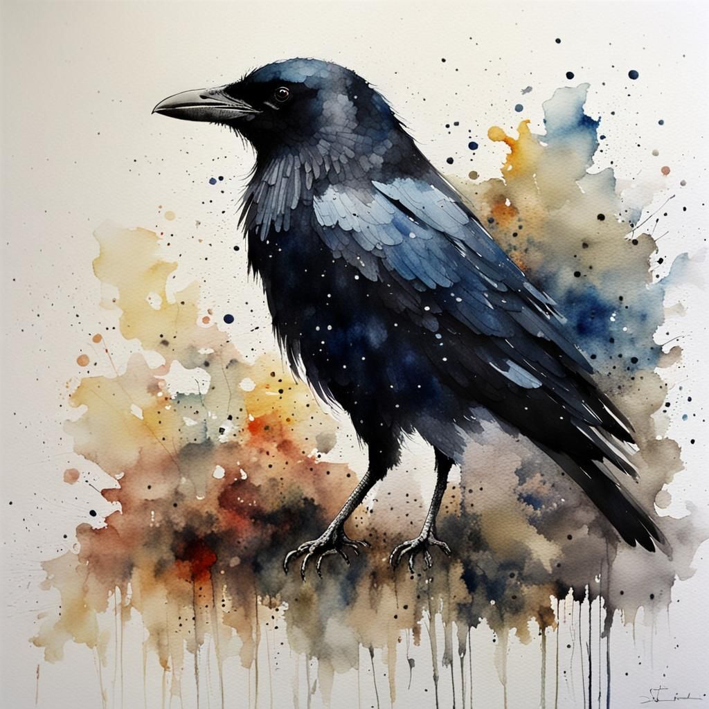 Watercolor Crow in Mixed Media Style