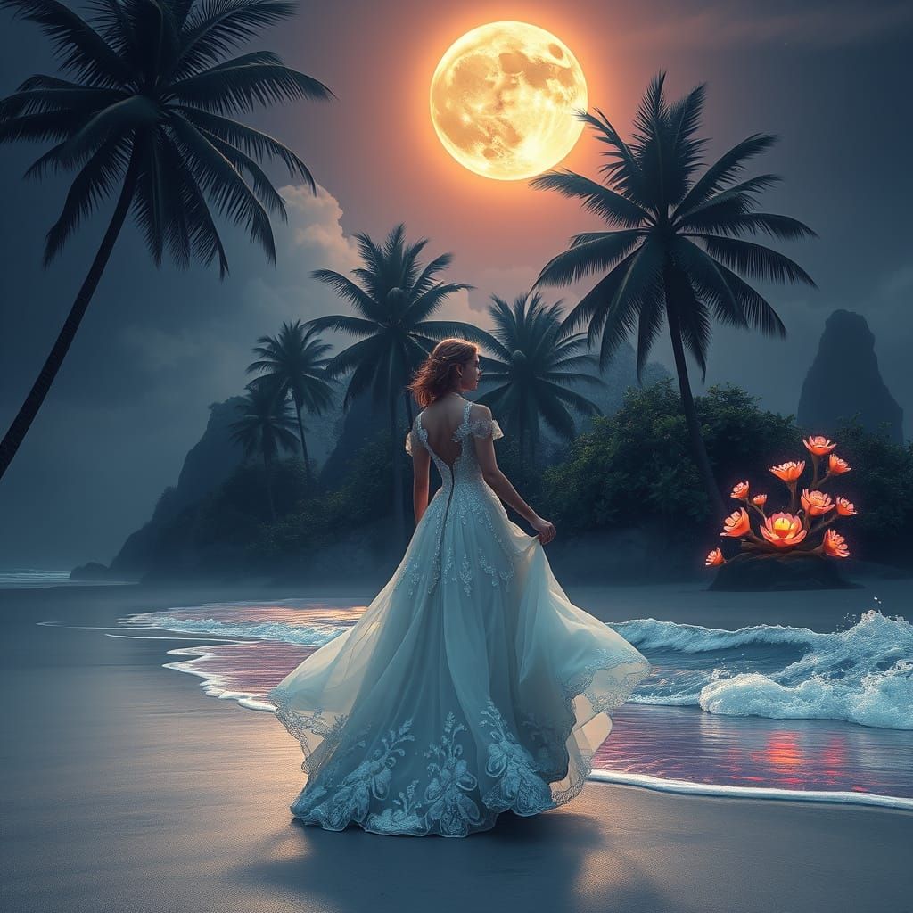 Ethereal Moonlit Beach Scene in Surrealist Style
