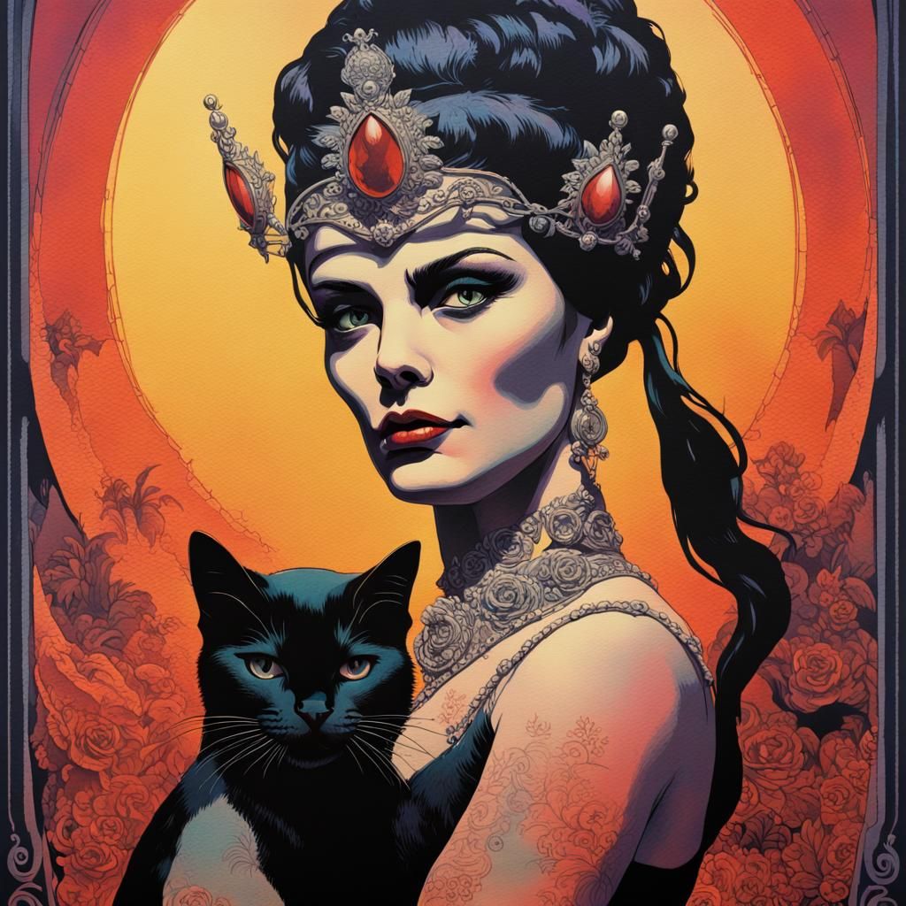 Queen of Underworld with Cat in Watercolor