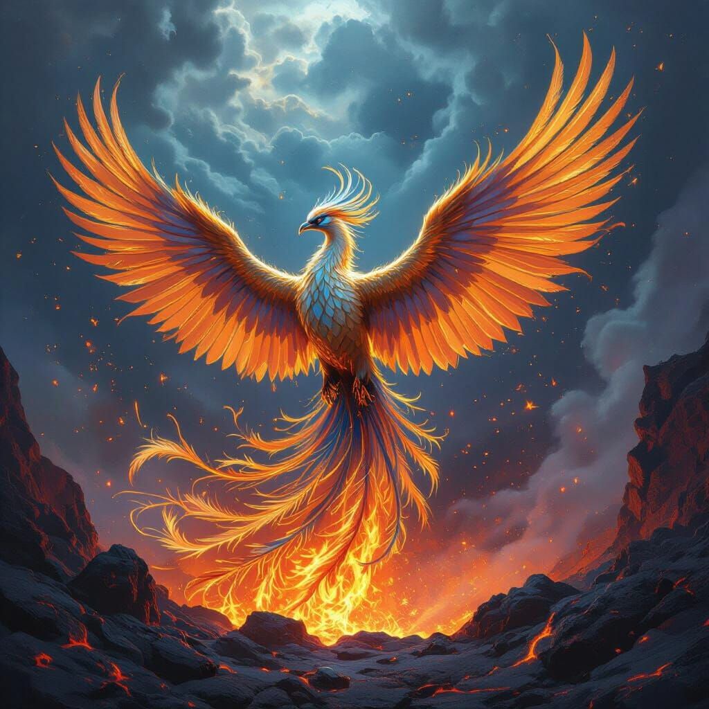 Phoenix Rising from Volcanic Depths in Hyperrealism