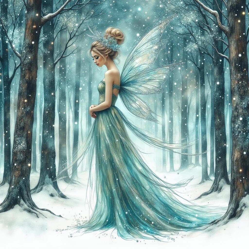 Fairy in Snowy Forest with Ice Horns