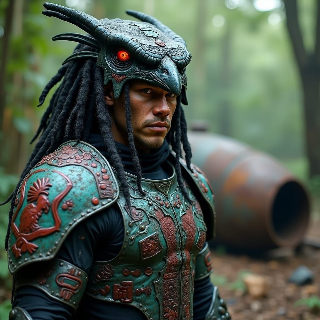 Sci-Fi Aztec Warrior in Raven Armor