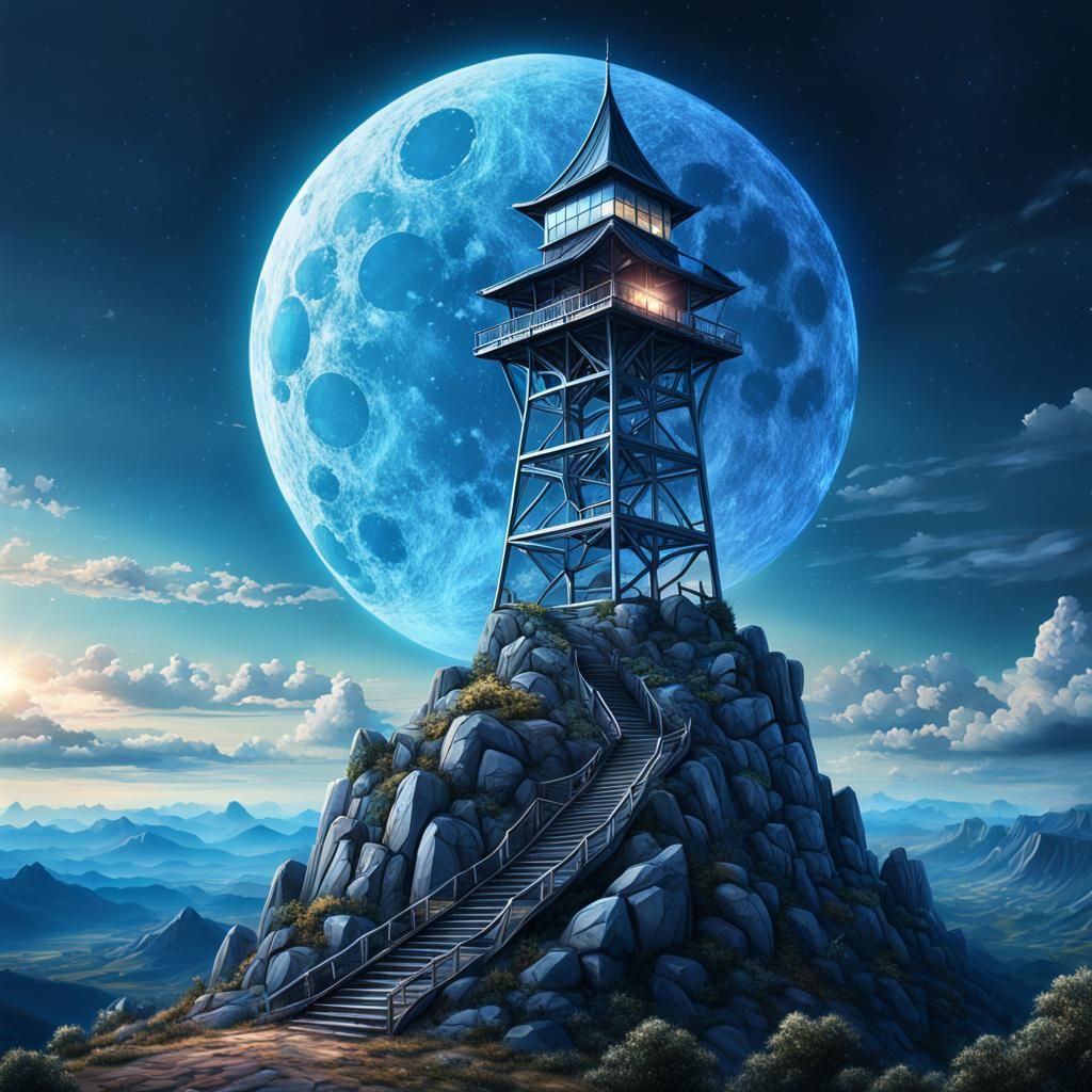 Futuristic Lookout Tower Under Crystal Moon, Digital Paintin...