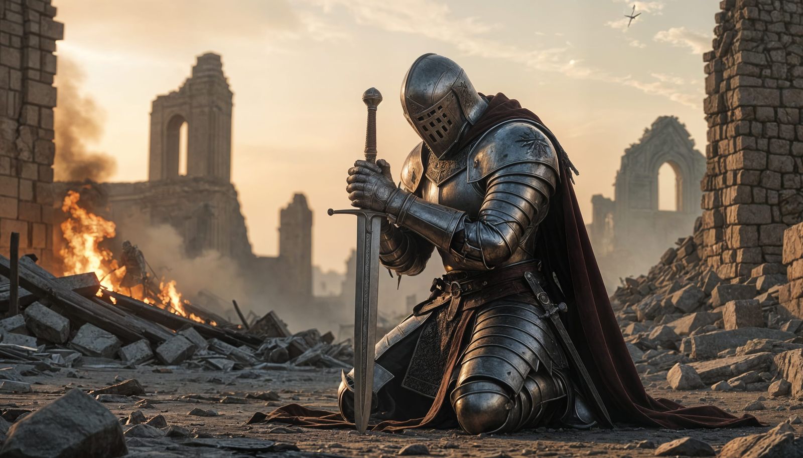 Templar Knight in Prayer Amidst Destruction