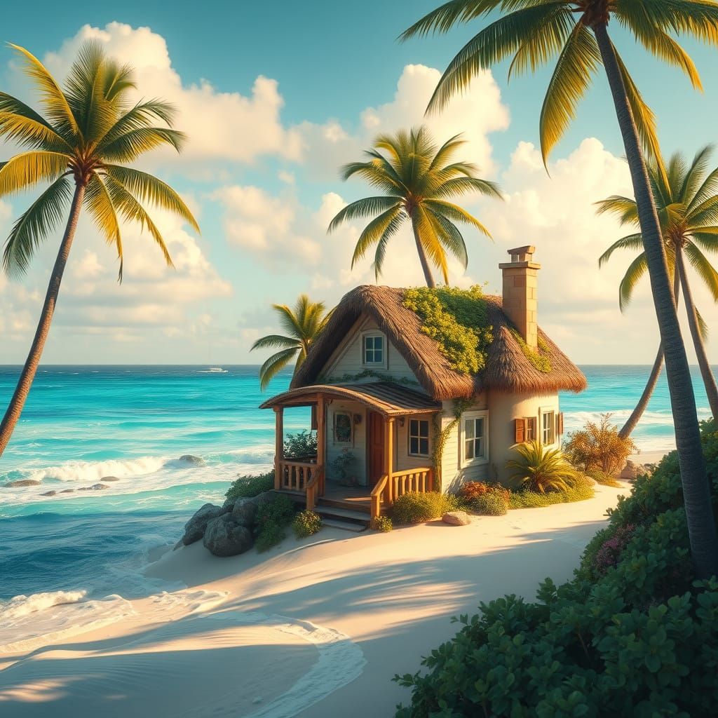 Whimsical Seaside Cottage in Vibrant, Sun-Kissed Colors