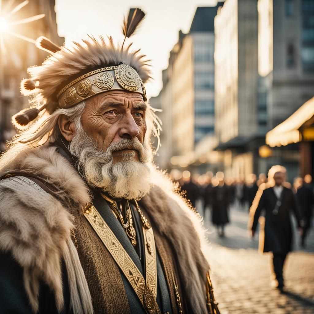 Germanic Leader in Modern City, Golden Hour