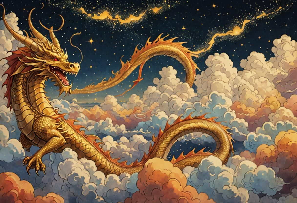 Golden Dragon Flying Above Clouds, Ghibli Style