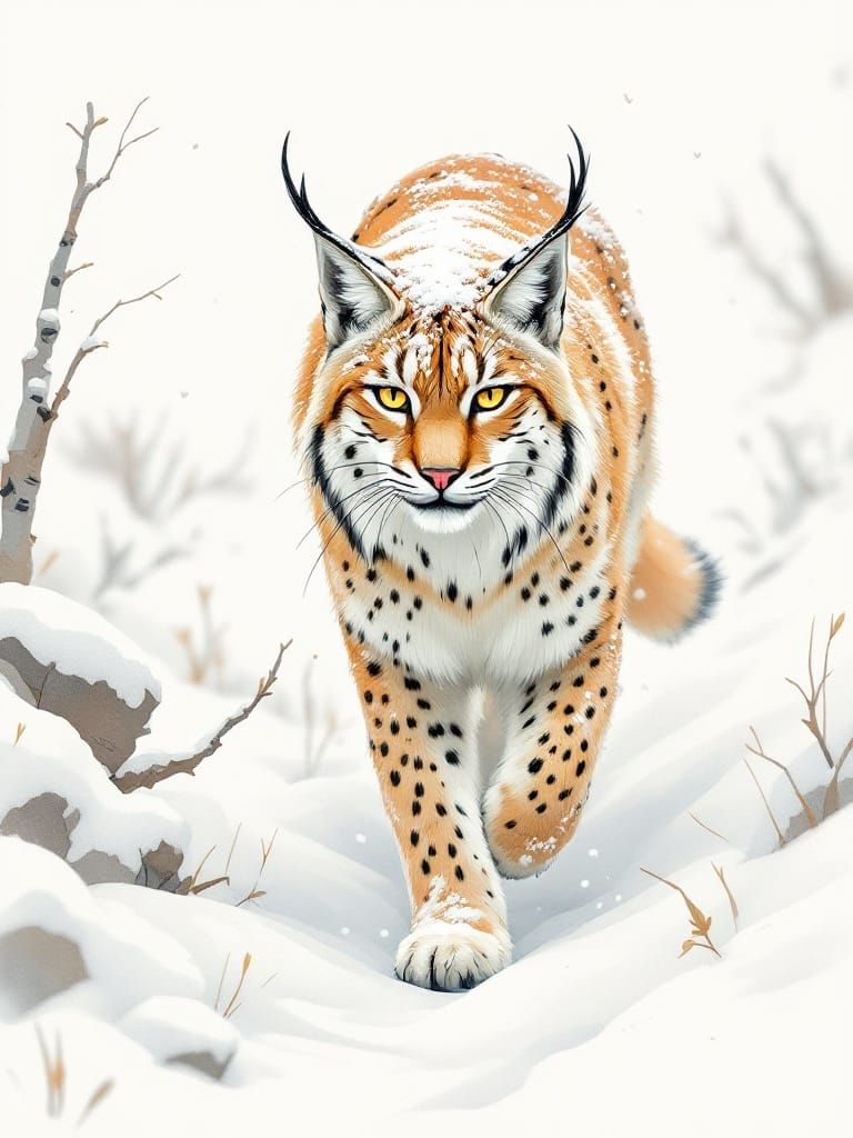 Dreamy Art Nouveau Lynx Emerges from Snowy Landscape
